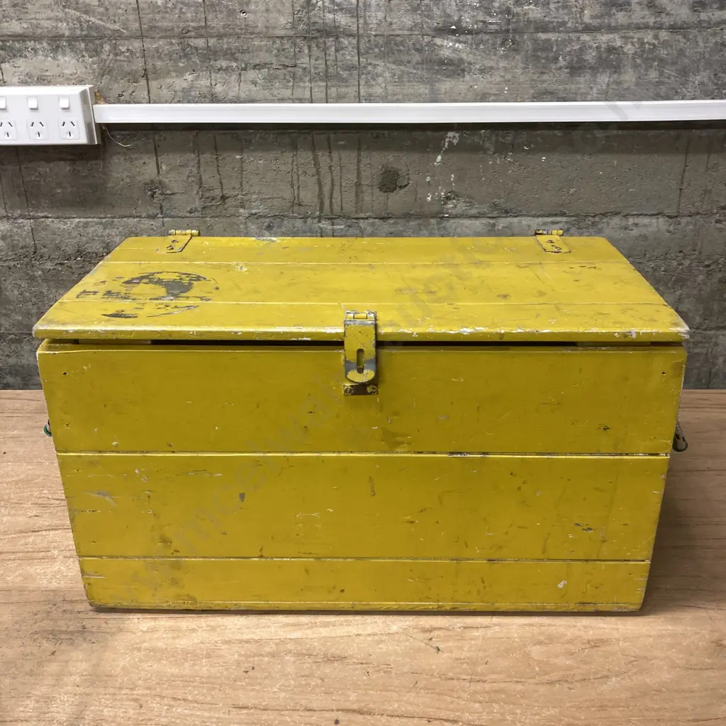 Wooden Box With Hinged Lid, Painted Yellow, Rope Handles Each End. H33 W60 D31cm Image 1++